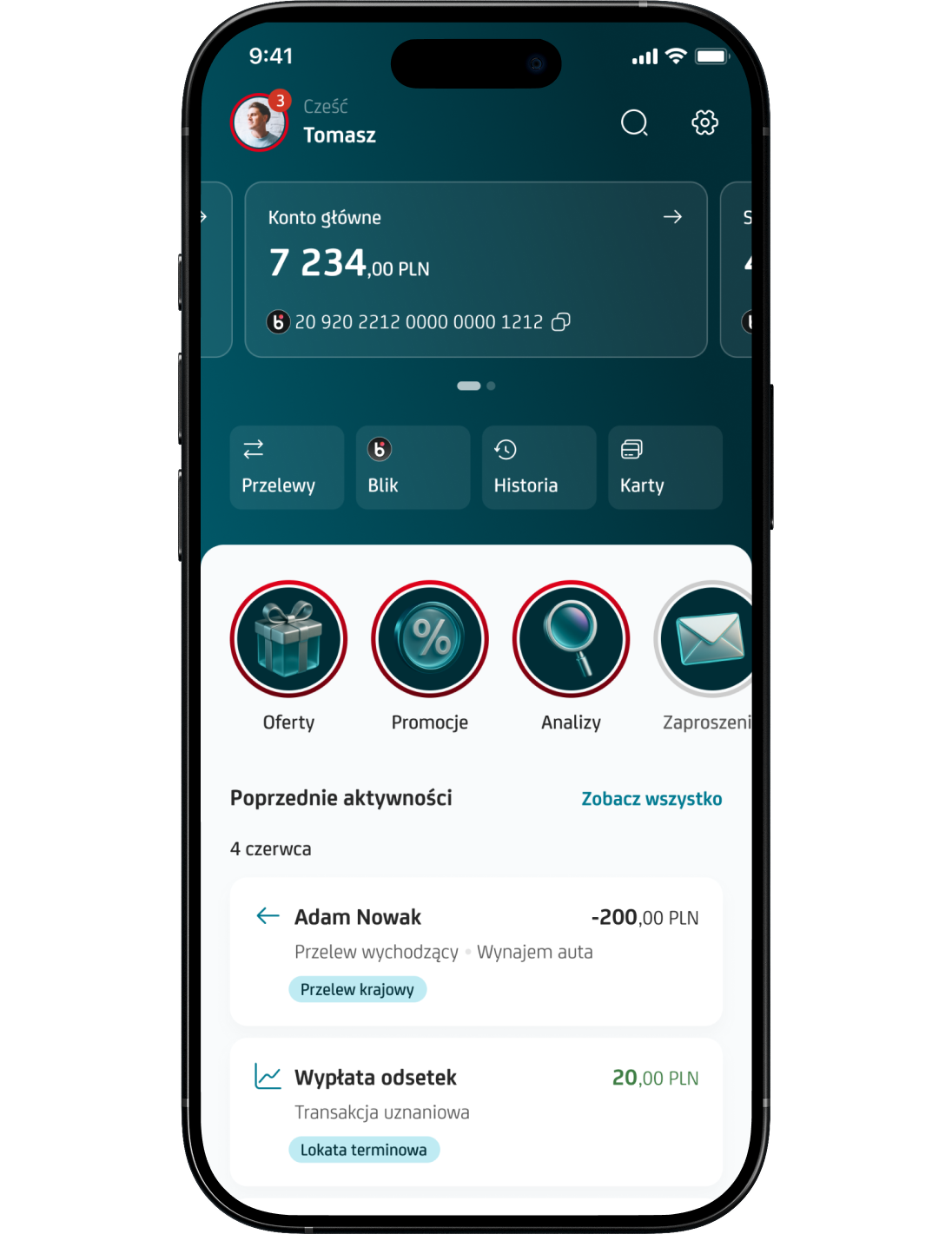 Ekran smartfona z otwartą aplikacją banku UniCredit i widokiem konta osobistego.