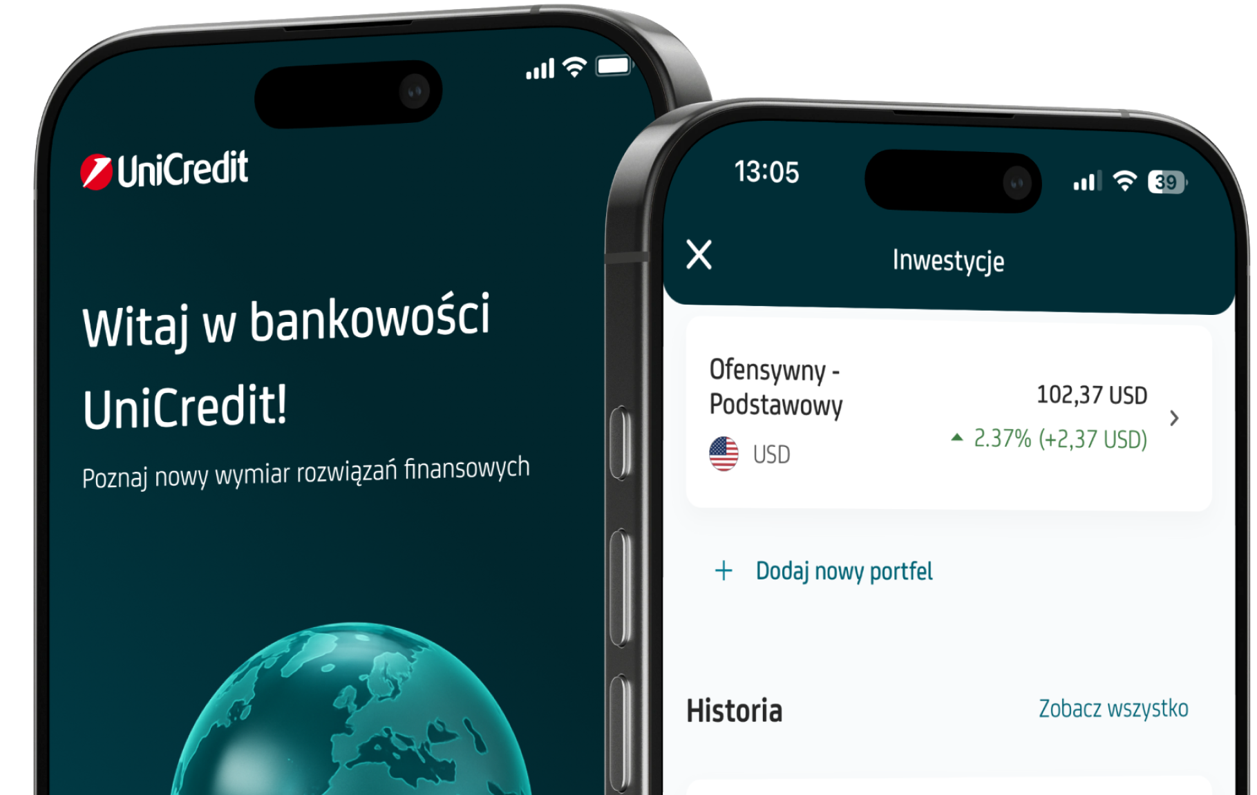 Ekrany telefonów wyświetlające aplikacje bankową UniCredit.